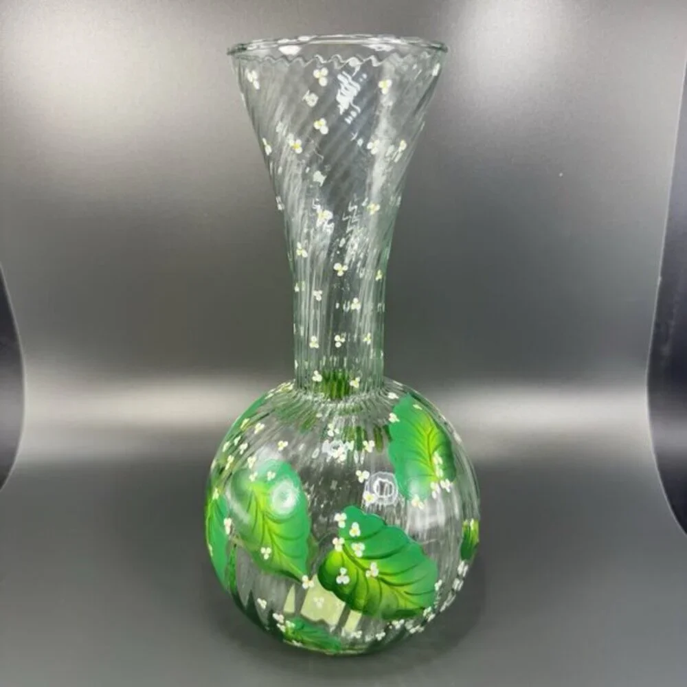 Elegant Impression By Trish Hand Painted Glass Vase‎ Vessel Green Floral Pattern